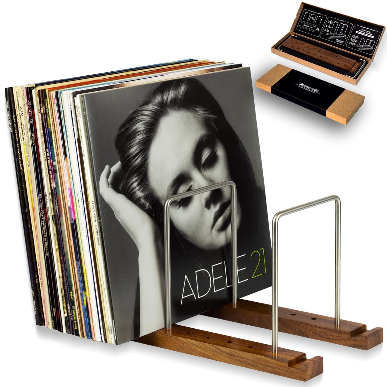 Optage Audio Durable Vinyl Record Storage Holder for 75 LPs, Solid Walnut Record Stand with Built-in Now Playing Display, Sleek Vinyl Record Holder Stand & Display for Album