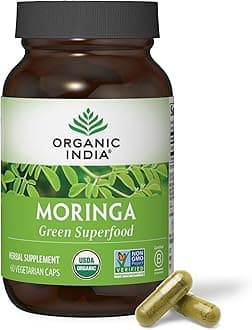 ORGANIC INDIA Moringa Capsules Organic - Moringa Leaf Supplement, Green Superfood Supplement, Pure Supergreen, Vegan Greens, Nature's Multivitamin, Vegan, Gluten-Free - 60 Capsules