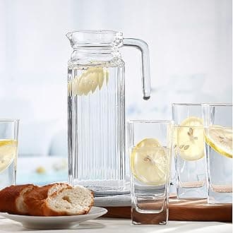 bellemax Italian Premium Water and Juice Glasses Set of 6 and Jug Set Combo,(6 Pieces Glasses 300ML and 1 Water Juice Jug 1 Liter), Transparent, Glass and Jug Set (Lining B)