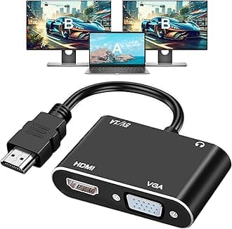HDMI to VGA+HDMI Adapter for Dual Monitor, HDMI to VGA & HDMI Splitter 1 to 2,1080P@60HZ Full HD Display Video Converter Compaitble with Windows/Mac Os/Linux, Plug & Play