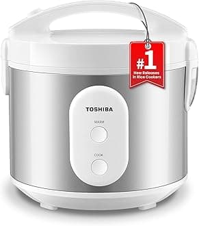 TOSHIBA Rice Cooker & Steamer Simple 5.5 Cup(Uncooked) with Steaming Basket, Removable Non-Stick Inner Pot & Inner Lid, for Soups, Stews, Grains&Oatmeal, One Touch&Keep Warm Function, Silvery White