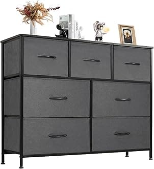 DUMOS Dresser for Bedroom with 7 Fabric Drawers, Chest Organizer Units for Clothing, Closet, Bedroom, Storage Tower with Cabinet, Metal Frame, Wooden Top, Lightweight Nursery Furniture, Grey