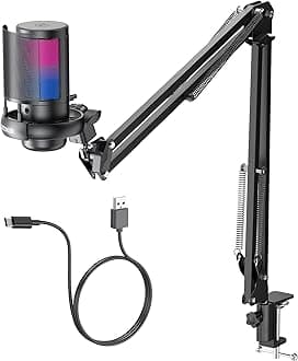 COCONISE Gaming PC USB Microphone for PC with Boom Arm, USB PC Mic for Podcasts Videos, Streaming, Condenser Mic with Quick Mute, RGB Indicator,Shock Mount,Rotate gain button, Compatible with PS4/5/PC
