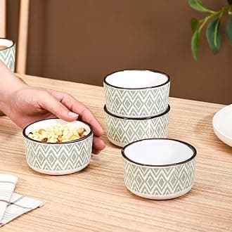 Ceramic Bowl Set of 4 Diamond Pattern | Microwave & Dishwasher Safe Small Bowl for Snacks, Dal, Curry, Fruits, Salad, Maggi | Green 200ml