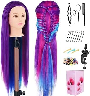 Mannequin Head with Hair, 29" Cosmetology Training Doll Head for Hair Styling Practice with Clamp Holder (Purple Four Colors)