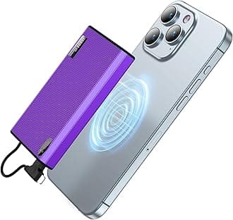 Magnetic Portable Charger with Built-in Cable, 10000mAh Ultra Slim Mag-Safe Battery Pack, 0.5.in 6.4oz Mini Power Bank, 20W PD USB-C Two-Way Charging, Compatible with iPhone 15/14/13/12 (Violet)