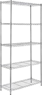 Amazon Basics 5-Shelf Storage Unit With Height Adjustable Shelves and Levelling Feet, 680 kg Max Weight, Chrome, 35.5 cm D x 91.4 cm W x 182.8 cm H