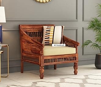 Solid Sheesham Wood Sofa Set for Living Room | Sofas | Wooden Sofa Set (Honey Teak & Cream, 1 Seater)