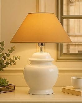 Homesake Ceramic Pot Shaped Base White Table Lamp for Living Room, Bedside, Bedroom & Study | Nightstand | Modern Decorative Night Lamp with LED Bulb, Shade for Home Decor, Golden Cone Shade