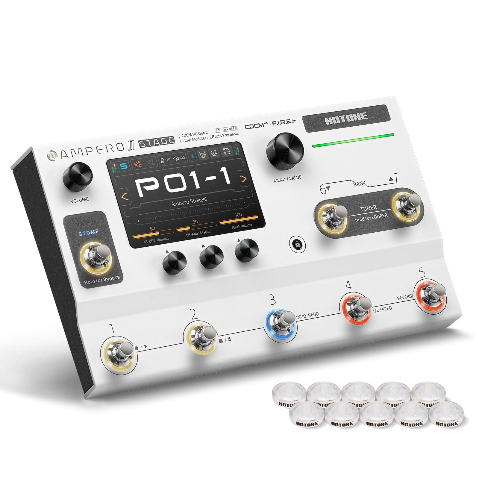 - HOTONE Multi-Effects Pedal Dual Effect Chains with FX Loop MIDI I/O Stereo OTG USB Audio Interface Touch Screen Ampero II Stage(Include 10 PCS Additional Footswitch Toppers By VOLKTONE)