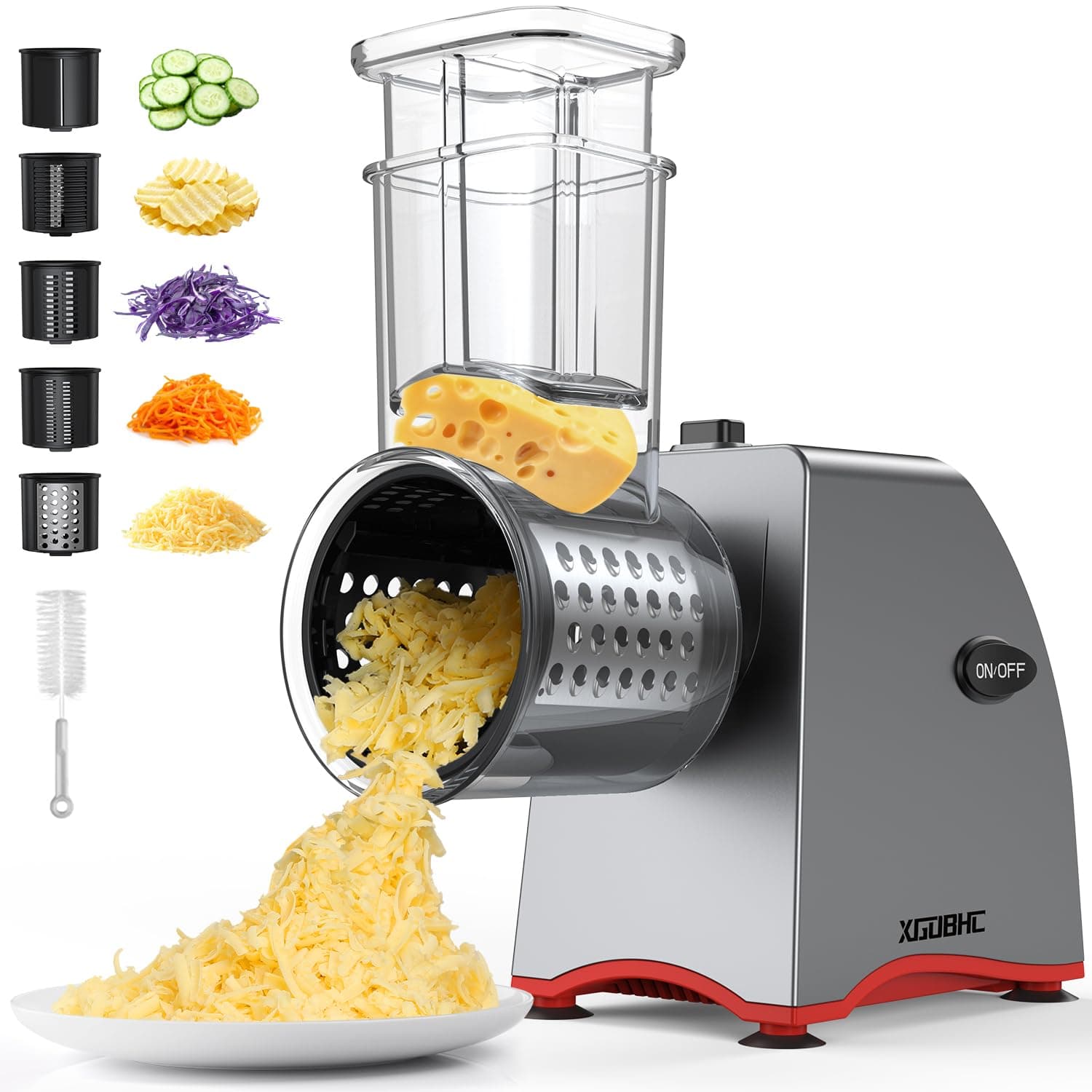 Electric Cheese Grater, Salad Maker with 5 Replaceable Multi-use Blades, 250W Electric Cheese Shredder, One-Touch Kitchen Slicer Salad Machine for Vegetables, Fruits, Cheeses, Nuts