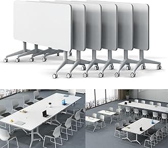 Folding Conference Table Modern Large Mobile Meeting Table Rolling Conference Room Tables with Wheels Seminar Tables for Office Training Classroom (6, White, 47.2" D X 23.6" W X 29.5" H)