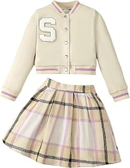 Girls 2 Piece Outfits Skirt Set Button up Jacket Sweatshirt and Pleated Mini Skirts Fall Winter Clothes Size 7-14Y