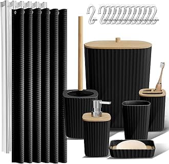 Clara Clark Bathroom Accessories Set - Bathroom Set, 20 PC Bathroom Accessory Set, Black Shower Curtain Set, Toilet Brush, Trash Can & Soap Dispenser