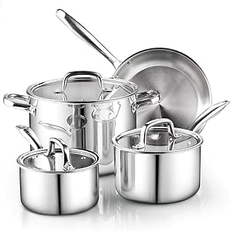 7-Piece Tri-Ply Clad Stainless Steel Cookware Set, Pots and Pans Kitchen Set with Tempered Glass Lids, Induction-Ready, Dishwasher-Safe, Silver