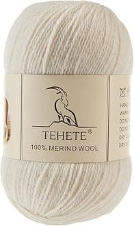 TEHETE 100% Merino Wool Yarn for Knitting 3-Ply Luxury Warm Soft Lightweight Crochet Yarn(White,3Balsl)