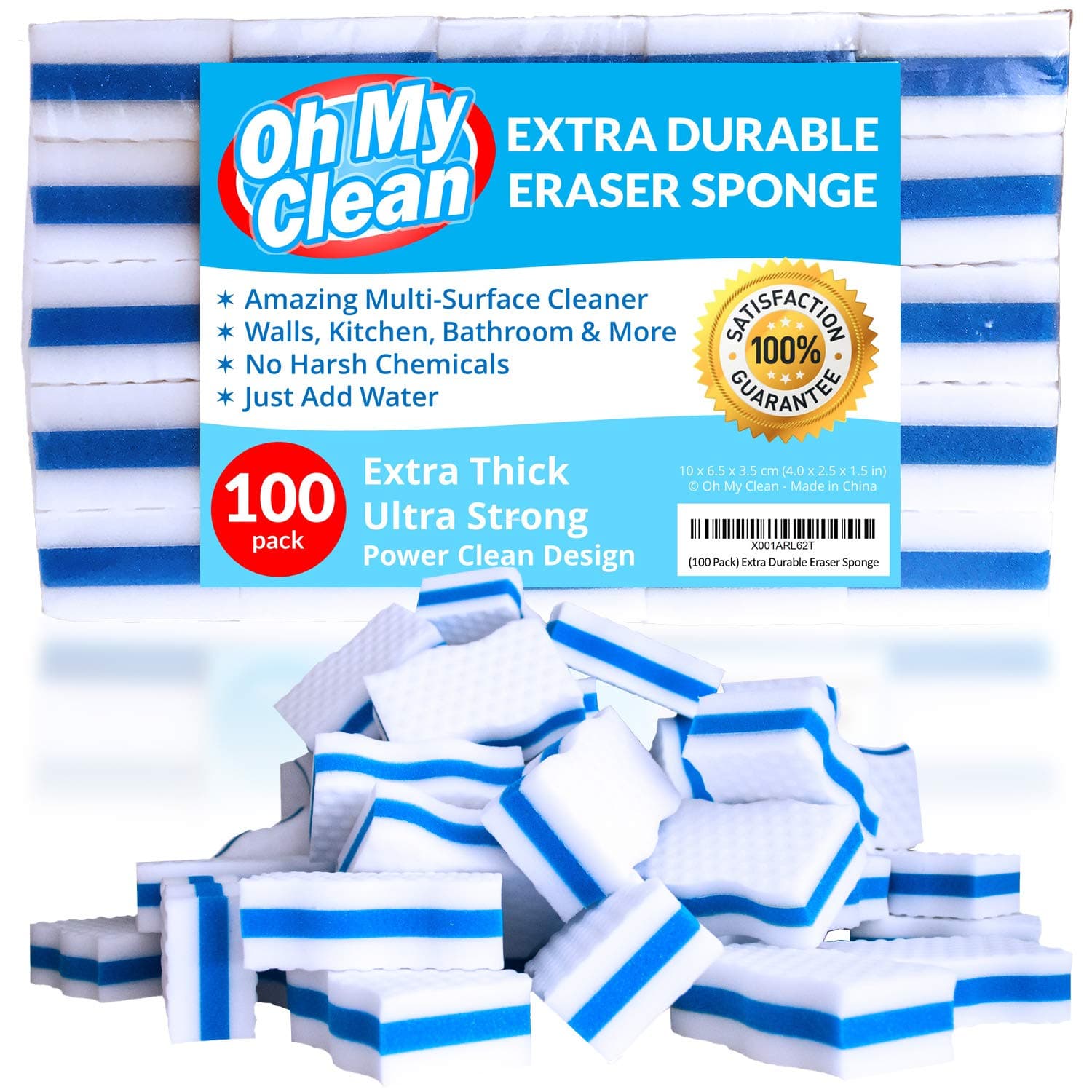 (100 Pack) Extra Durable Eraser Sponge – Extra Thick, Long Lasting Magic Melamine Cleaning Sponges in Bulk – Foam Pads for Walls, Kitchen, Bathroom, Floor & Baseboard Cleaner