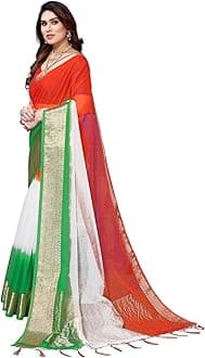 SIRIL Women's Organza Jacquard Zari Stripe Independence Day Tricolor Tiranga Saree With Unstitched Blouse Piece