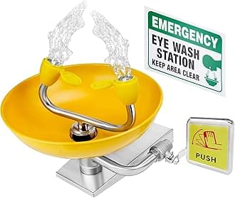 Emergency Eye Wash Station, Wall Mounted ABS Coated 304 Stainless Steel - OSHA Compliant Face Washing Unit - Hands Free Aerated Spray with Double Layer Filter & Sign for Lab Industrial Safety