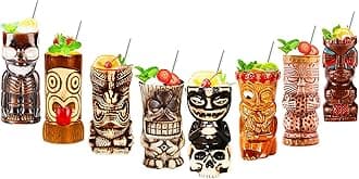 Tiki mugs, tiki glasses set, cocktail mugs, 8-piece cocktail glasses set, tiki bar accessories, Hawaii party for premium tropical cups drinks for exotic party