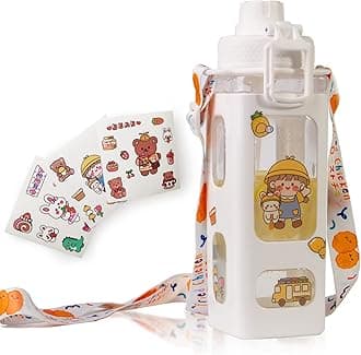 Kawaii Water Bottle with Straw Cute Water Bottles for Girls Square Drinking Bottle, Portable Leakproof Water Jug for Kids, 24 oz (White-700ml)