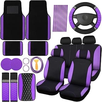 BBTO 43 Pcs Bling Car Accessories Set for Women Front Seats and Rear Bench Polyester Car Seat Protectors Wheel Cover Seat Floor Mats Full Crystal Automotive Interior Decor(Purple and Black)