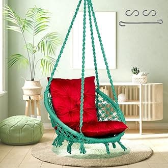 Patiofy Round Cotton Home Swing for Adults & Kids/Jhula Swing for Balcony,Indoor,Outdoor/Capacity Upto 120Kg/Includes Free Hanging Kit & Red L Cushion/Handmade Hammock Hanging Swing Chair (Green)