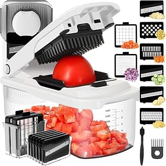 Ourokhome Food Chopper with Container, Manual Mandolin Vegetable Slicer Onion Dicer with 8 Blades, Hand Veggie Shredder for Potato, Tomato, Essential Kitchen Gadgets (8 in 1, White)