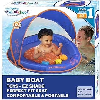 SwimschoolInfant Baby Pool Floats, Free Swimming, Super Buoyant – Ages 6-24 Months – Multiple Colors/Styles – Adjustable Canopies and Seats, Splash & Play Baby Floaties