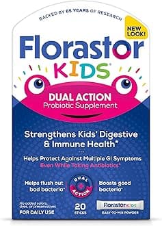Kids Dual Action Probiotic Supplement, Strengthens Kids' Digestive & Immune Health, 20 Easy-to Mix Powder Sticks, Packaging May Vary