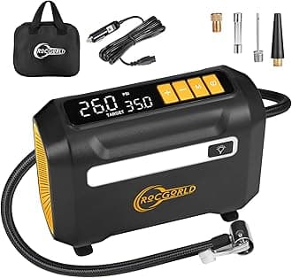 - ROCGORLD R8 Tire Inflator Portable Air Compressor, DC 12V Portable Air Compressor with Large Dual Digital Screen, 3X Faster Inflation Portable Air Pump for Car Tires, Bike, Motor - Car Accessories