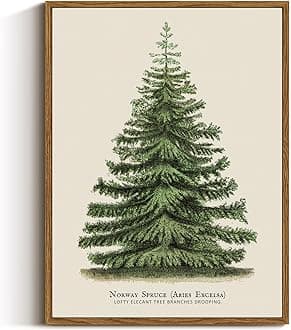 VIYYIEA Framed Canvas Wall Art, Vintage Christmas Decor, Living Room Botanical Fir Pine Tree Winter Decor for Bedroom Bathroom, Xmas Holiday Decorations Gifts, 12x16 Inch