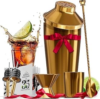 EATEX Gold 8-Piece Cocktail Set, Mixology Bartender Kit: 24oz Martini Shaker, Muddler, Jigger, Pourers, Cocktail Book