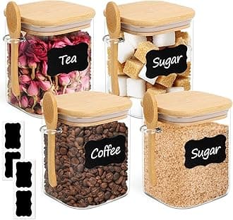 ComSaf 800ml Glass Jars with Bamboo Lids & Spoons Set of 4, Square Glass Containers with Lids, Tea Sugar Coffee Containers Salt Spice Jars, Pantry Storage Container for Loose Tea, Brown Sugar, Nuts
