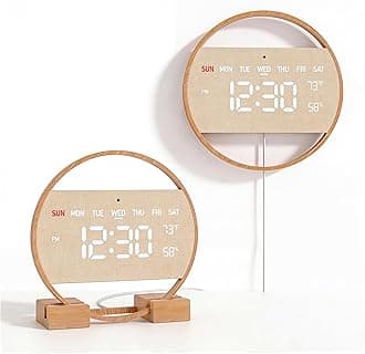 Driini Large Digital Wall Clock -Round Digital Bamboo Wooden Wall Clock with Large Display - LED Wall Clock - Auto-Dimming – Plug in USB with Temperature & Humidity – Large Wall Clock for Living Room.