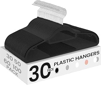 SONGMICS Pack of 30 Coat Hangers, Space-Saving Plastic Clothes Hangers, Non-Slip, 0.2 Inches Slim, 16.5 Inches Wide, 360° Swivel Silver Hook, Black UCRP20BK30