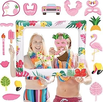 Hawaii Flamingo Inflatable Photo Booth with 20pcs Photo Booth Props Selfie Picture Frame for Summer Family Celebration, Giant Blow Up Frame Celebration Party Props