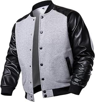 Men's Varsity Baseball Jacket Cotton Blend Letterman Jacket with Faux Leather Sleeve Bomber Coat