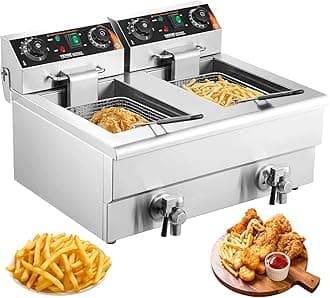 VEVOR Commercial Deep Fryer, Dual Tank 3000W Electric Countertop Fryer with Basket, 2 x 11.6Qt/11L Double Stainless Steel Oil Fryer with Drain, Time & Temp Control, for Kitchen Restaurant Use