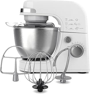 Hamilton Beach Electric Stand Mixer, 4 Quarts, Dough Hook, Flat Beater Attachments, Splash Guard 7 Speeds with Whisk, White