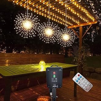 3 Pack 600 LED Solar Starburst Sphere Lights Remote Control,LED Firework Light 8 Modes Dimmable Waterproof Hanging Fairy Light, Copper Wire Lights for Patio Parties Christmas (Warm White)