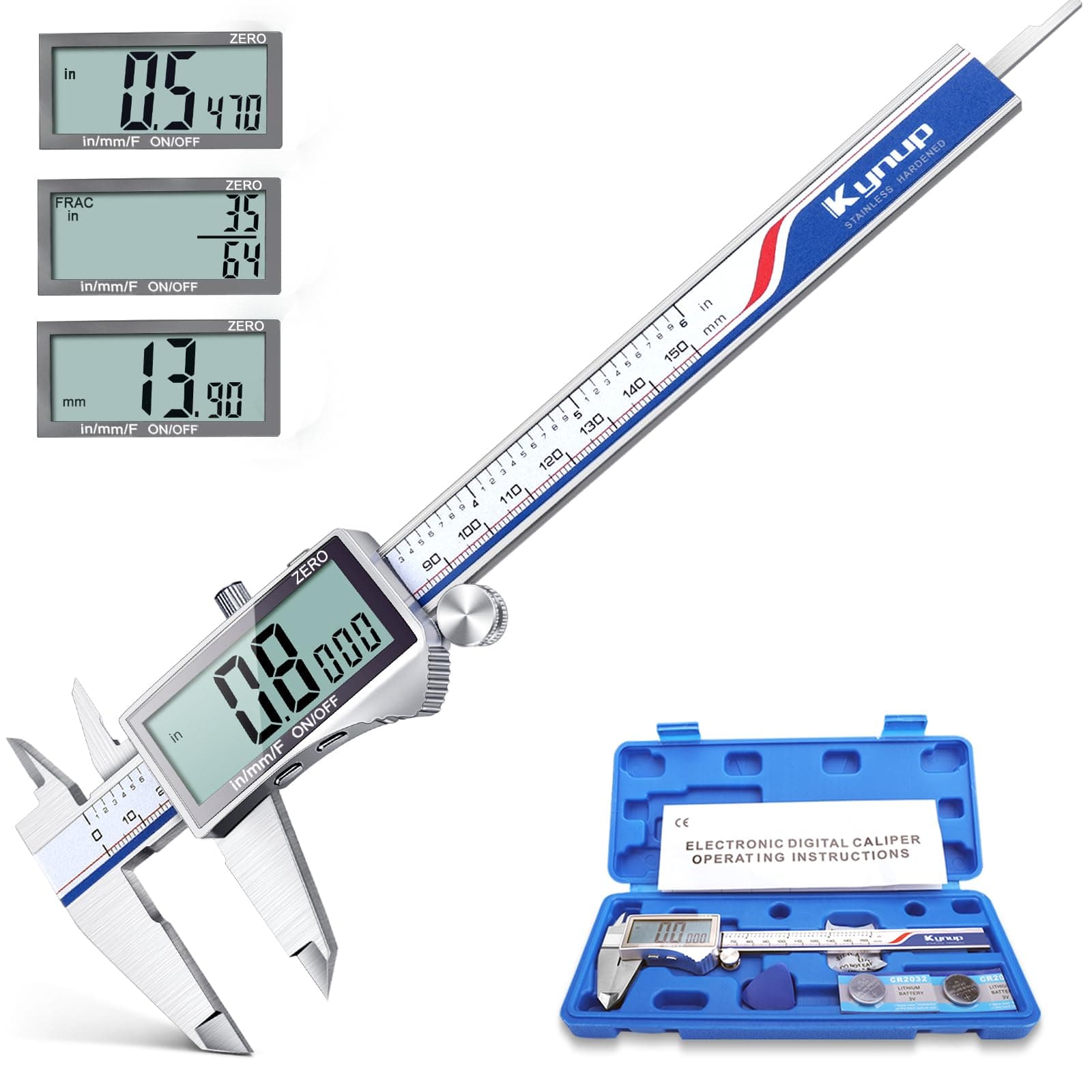 Kynup Digital Caliper, 150mm Electronic Caliper Measuring Tool, Stainless Steel Vernier Caliper with mm/Inch/Fraction Conversion, Splash Resistant, Large Font, Large LCD Screen, 6''