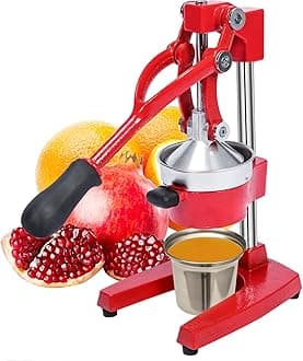 Commercial Heavy Duty Cast Iron Hand Press Manual Orange Citrus Lemon Lime Grapefruit Pomegranate Fruit Juice Squeezer Machine with Stainless Steel Cup Red