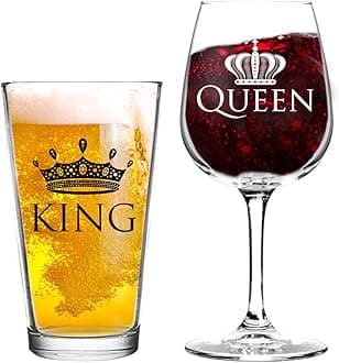 King and Queen Beer and Wine Glass Gift Set of 2 | Fun Novelty His and Hers or Husband Wife Drinkware | Couple, Newlywed | Wedding or Favorite Couples | USA Made