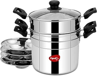 All in One Multipurpose 4.5 liter Cookpot with Glass Lid Included Steamer and Strainer for Easy Cooking, Heavy Gauge Stainless Steel Idly Plates Inside, 4 Cavity (16 Idlies)|Induction and Gas Stove Compatible