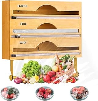 Plastic Wrap Dispenser, Bamboo 4 in 1 Aluminum Foil Wrap Organizer with Slide Cutter and Labels Wall Mount Parchment Wax Paper Stretch Film Storage Holder for Kitchen Drawer Holds 13cm Roll