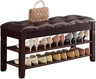 Shoe Storage Bench, Entryway Shoe Rack with Fiberleather Seat 2-Tier Lift Top Organizer Wooden Shoe Bench for Entryway Hallway Living Room (Dark Brown 39.4x13.8x18.9'')