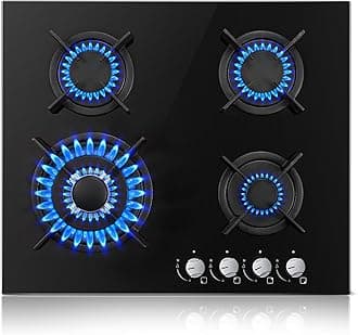 TopStrong 4 Burner Black Glass Gas Hob with Wok Burner, 60cm Cooker, Flame Out Protection, 8060W Gas Cooktop, NG/LPG Convertible