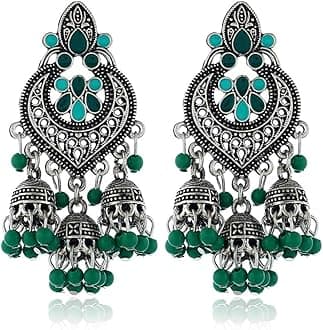 Boho Chandellier Jhumka Statement Dangle Earrings for Women Vintage Large Flower Ball Bead Tassel Drop Dangling Earring Indian Bollywood Jewelry Holiday Festival Christmas