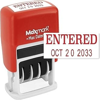 MaxMark Self-Inking Rubber Date Office Stamp with Phrase & Date - RED Ink (Max Dater II), 12-Year Band Red Entered